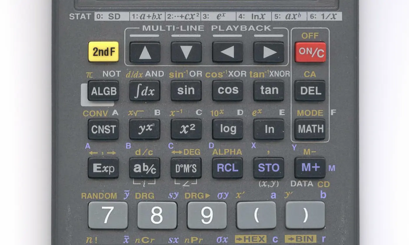 A Sharp calculator, the keys in rows a finger can follow