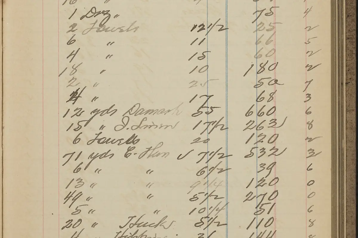 A store ledger open to a page of charges, the writing still readable as a list