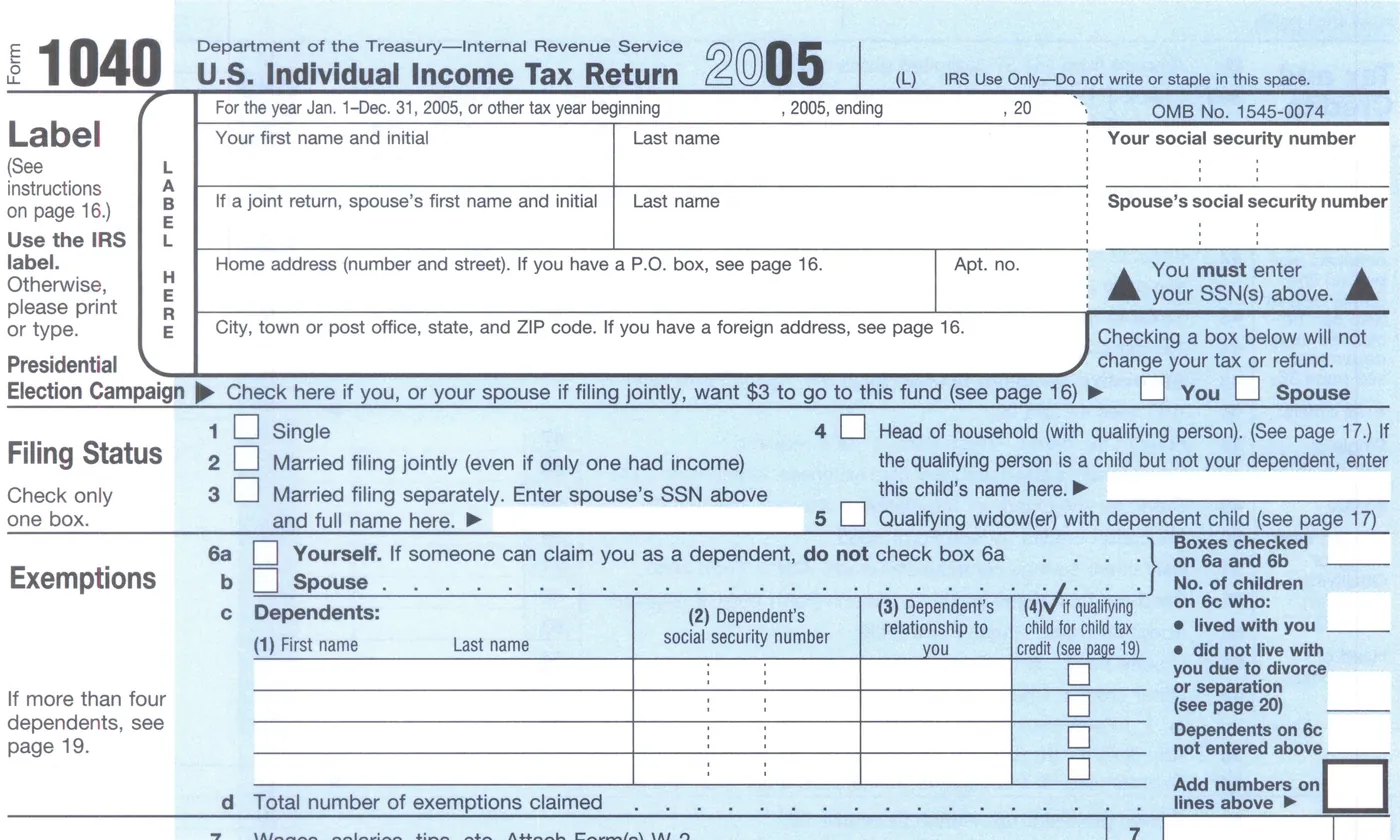 The top of a blank United States individual income tax return