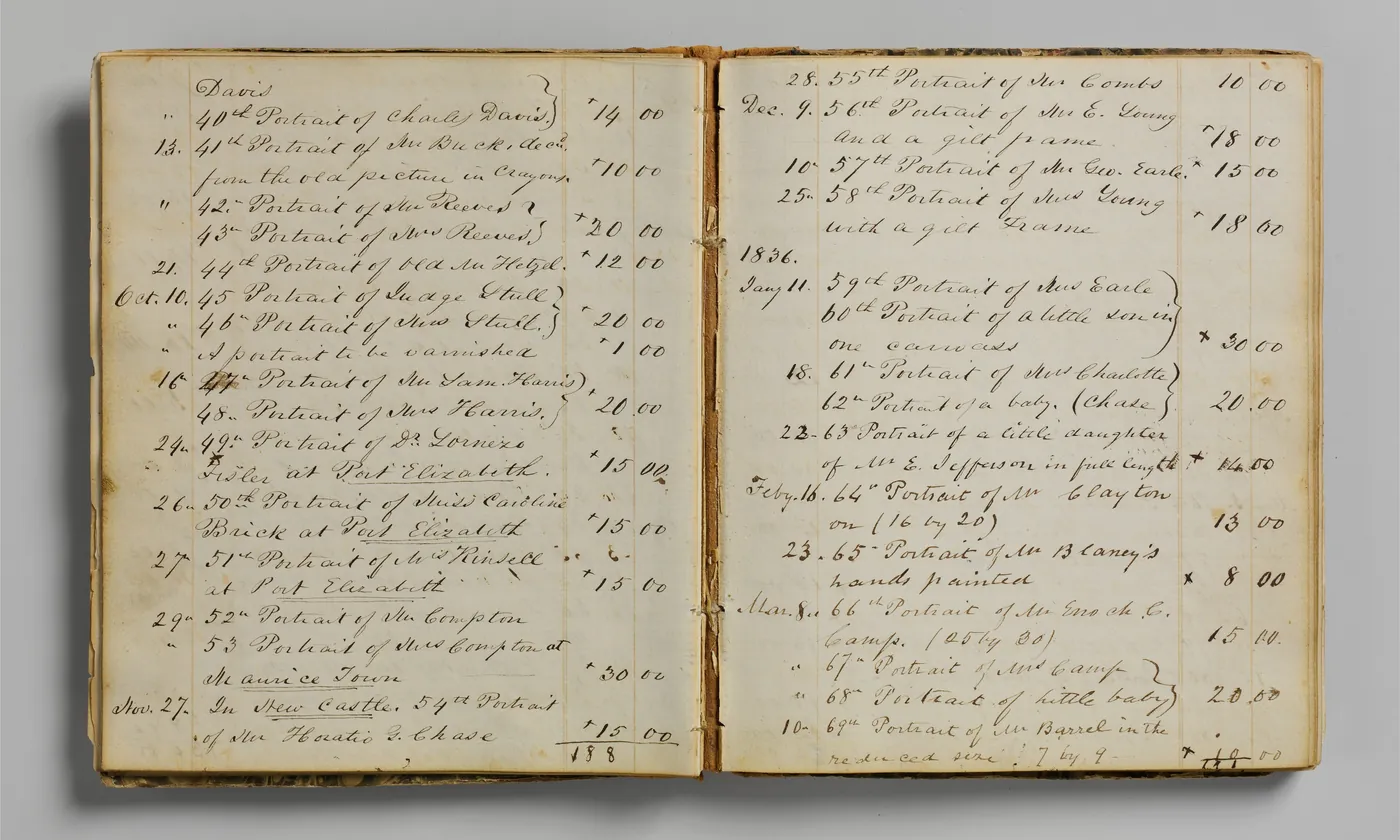 An open handwritten account book with dated charges