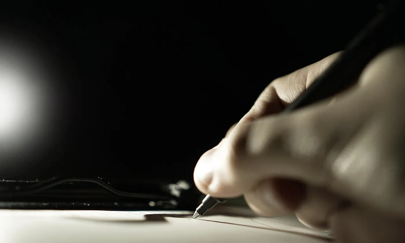 A pen resting on a sheet of paper in low light