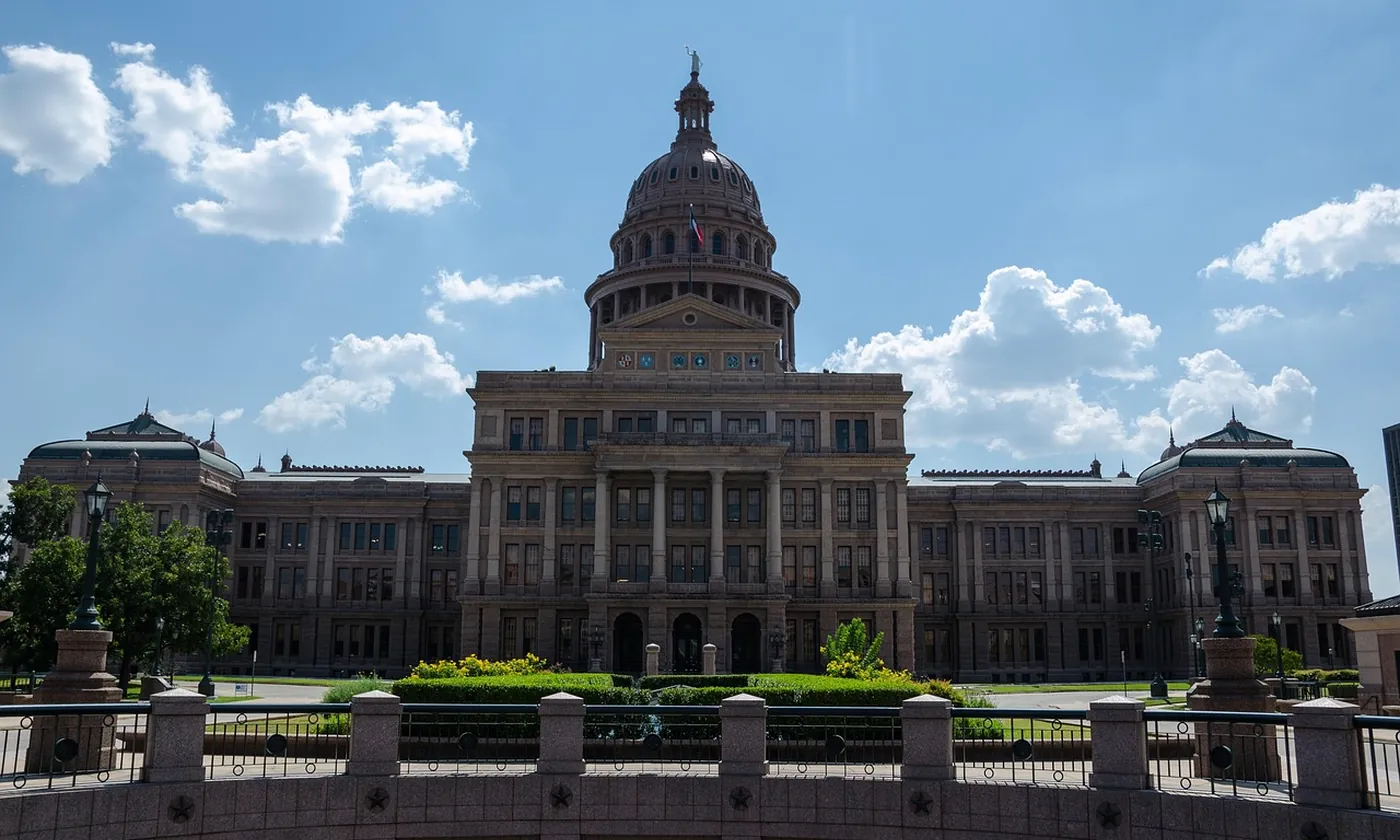 The Texas State Capitol in Austin, pink granite and the dome, in daylight
