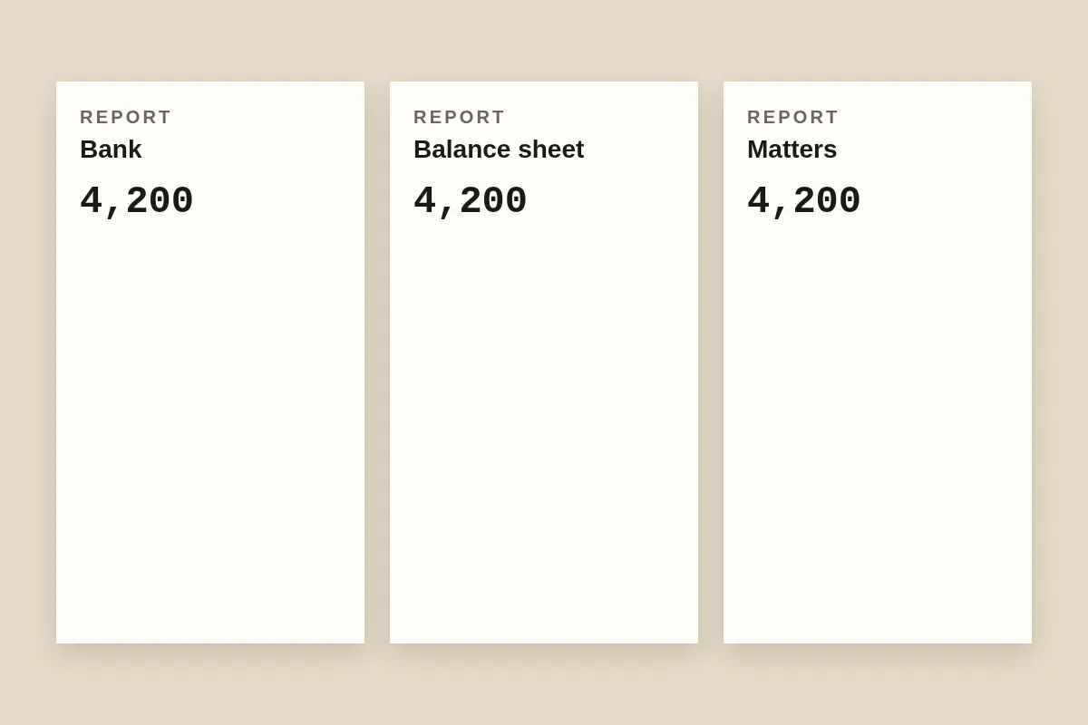 Three reports each showing the same number, here because the bank, the balance sheet, and the matter list have to land together.