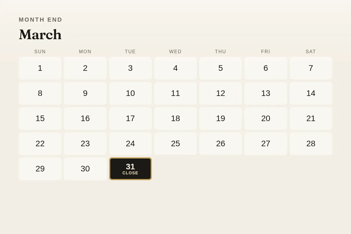 A March calendar with the last day marked for the close, here because the hour is a time you pick.