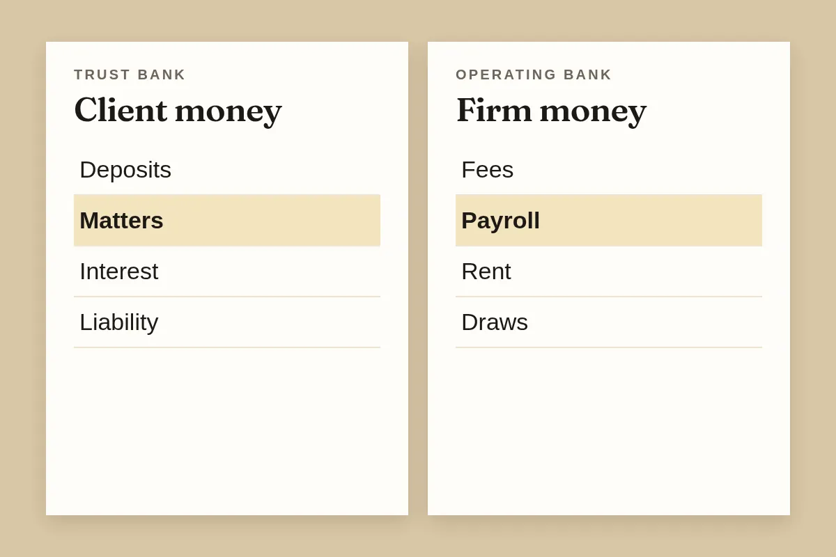 A trust bank beside an operating bank, here because client money and firm money cannot share a name.