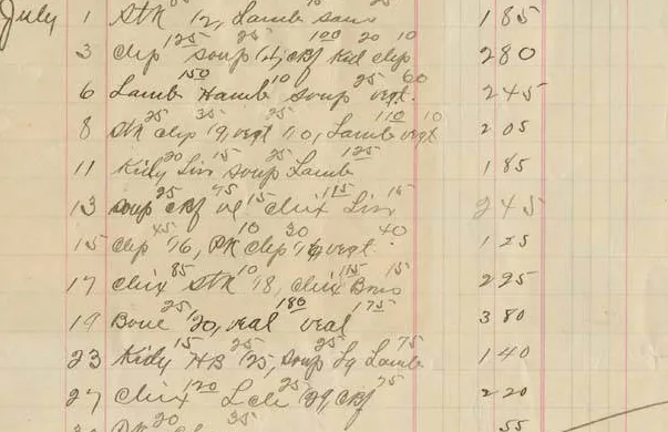 A month of handwritten shop charges on a ruled invoice, with a paid line and a total at the foot
