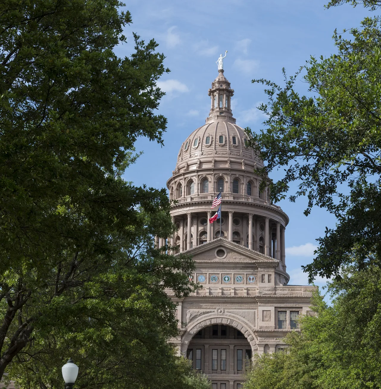 Daylight on the dome of the Texas State Capitol in Austin, with the front walk and the trees standing the day Carol M. Highsmith exposed the frame.