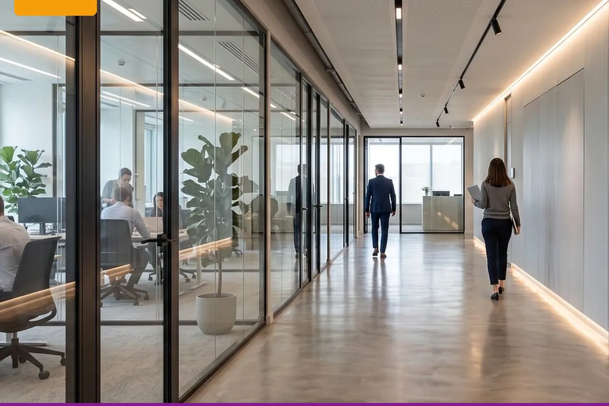 People working at desks behind a glass office wall