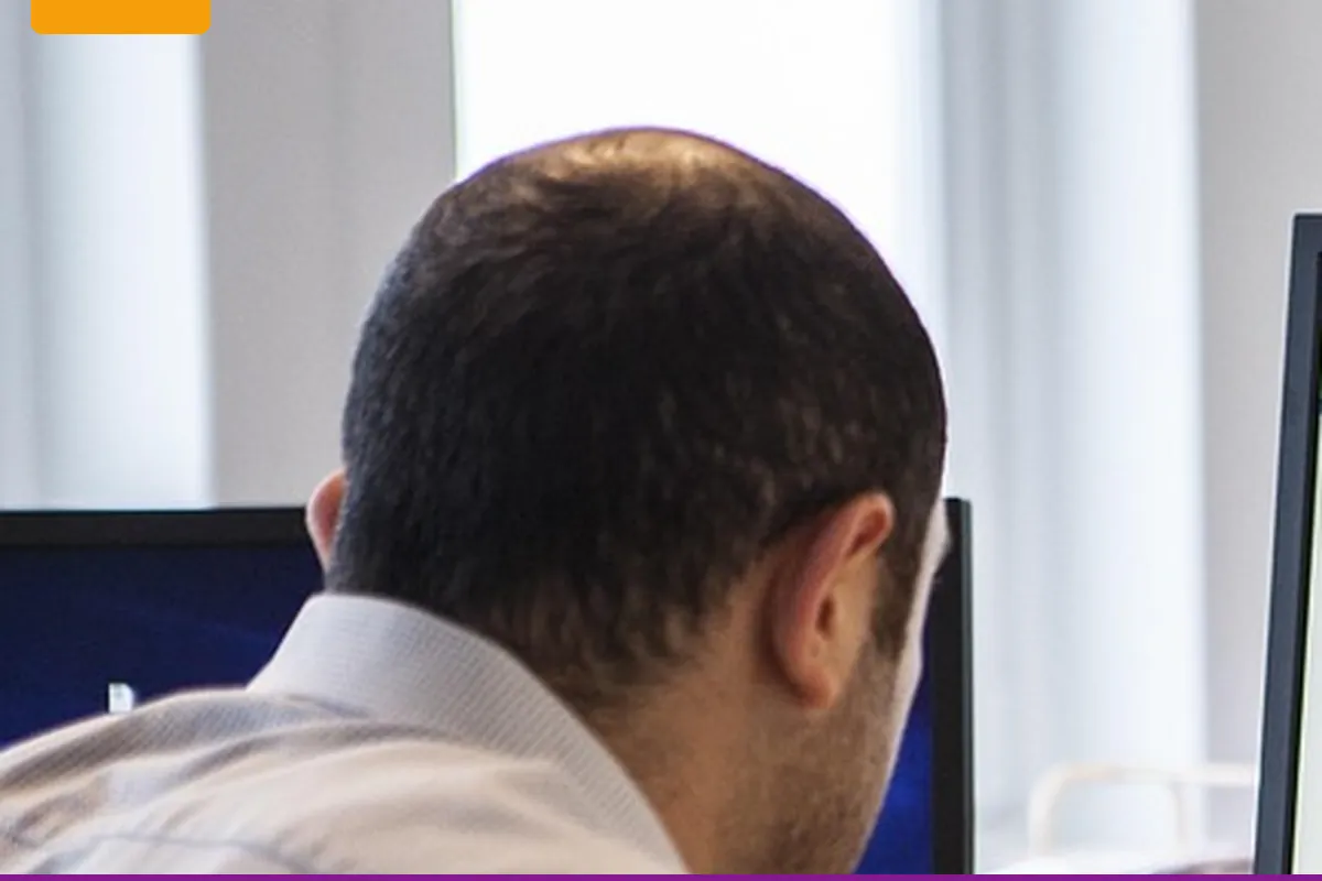 A person seen from behind at a desk by a window