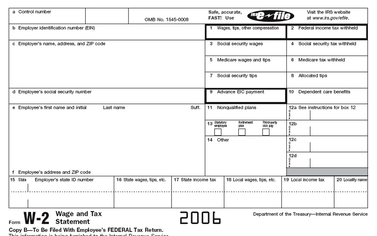 A blank Form W-2 wage and tax statement, with large labeled boxes.