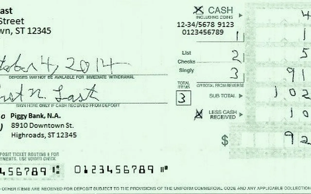 A filled deposit slip with a date, a list of checks, and a total at the bottom.