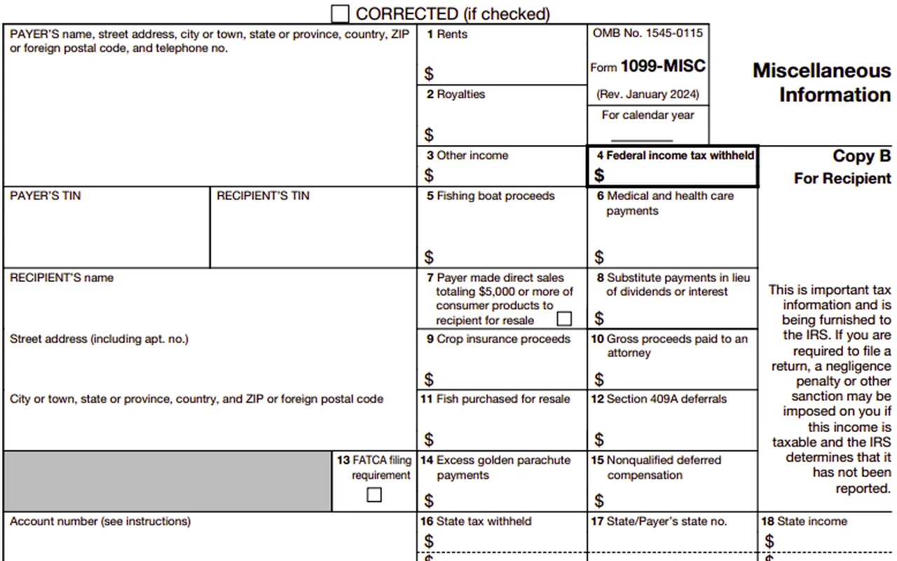A blank Form 1099-MISC, the miscellaneous information return, with empty amount boxes.