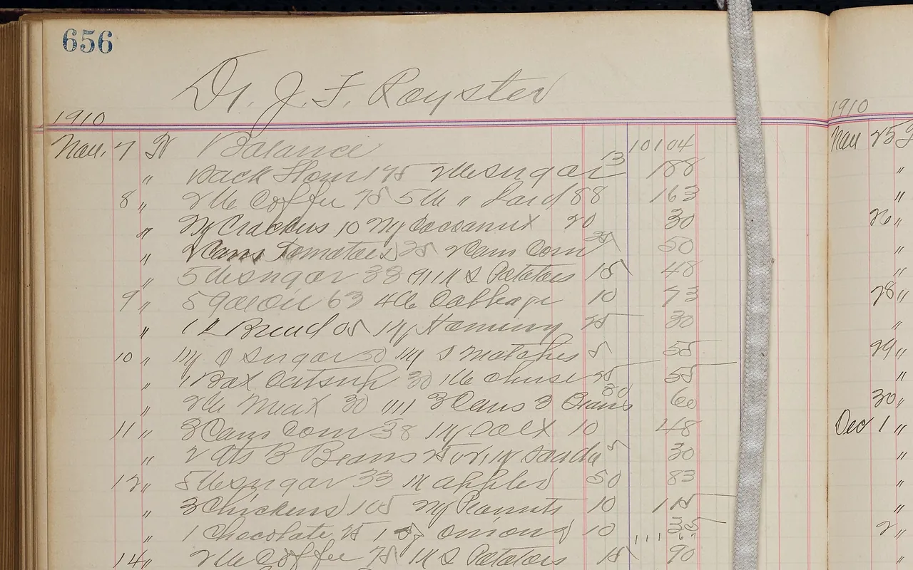 An open store ledger with dates, item lines, and a balance written at the foot of the page.