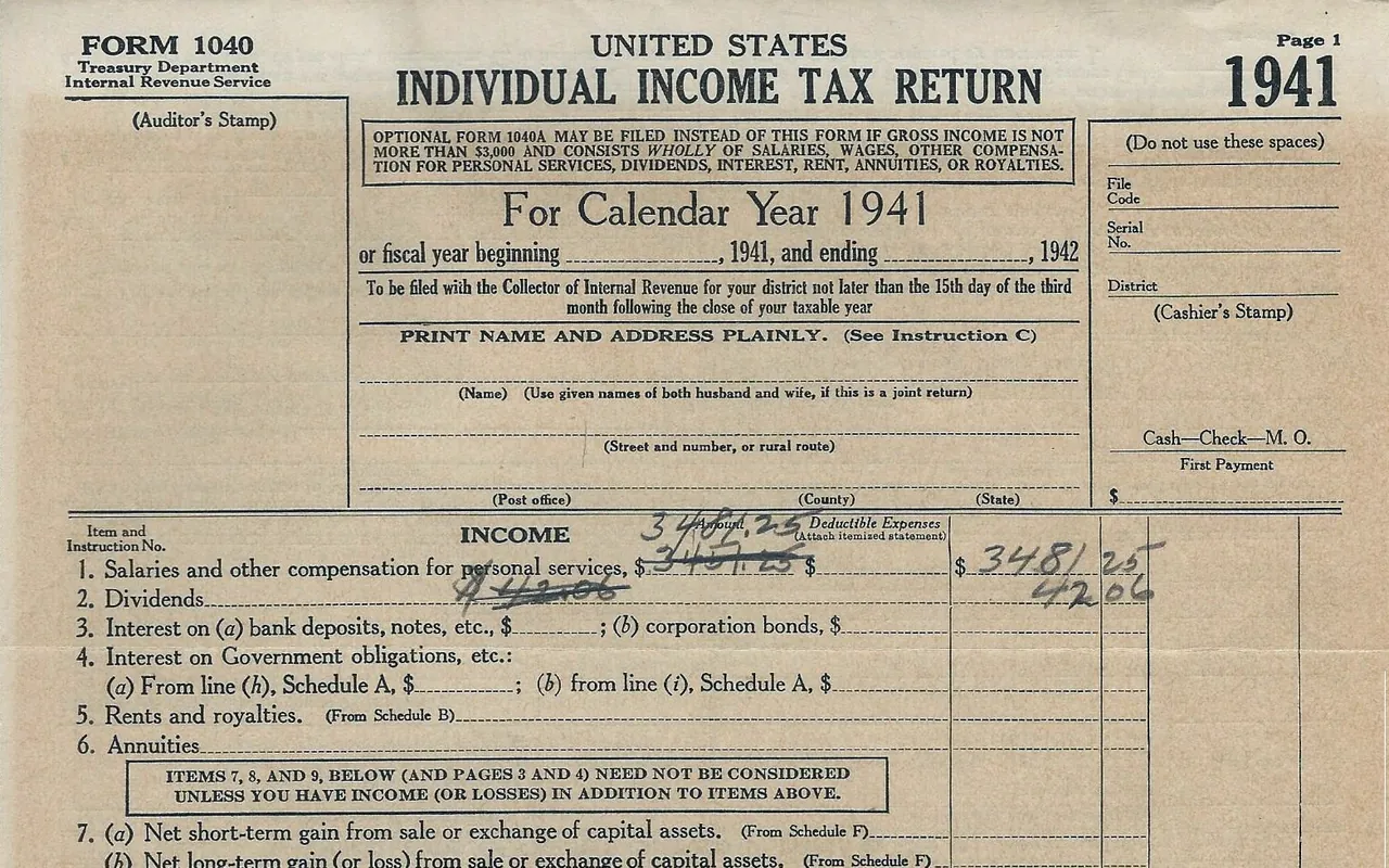 Page one of a United States individual income tax return, with income and deduction lines.
