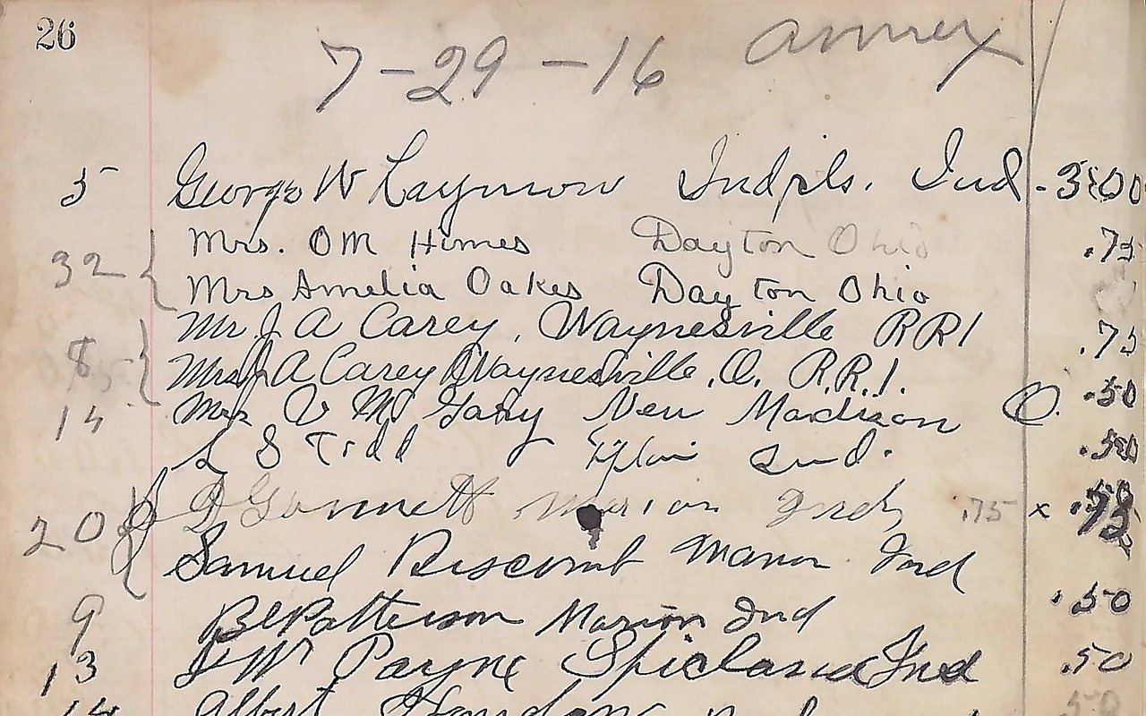 A hotel ledger page with handwritten account lines running down the sheet.