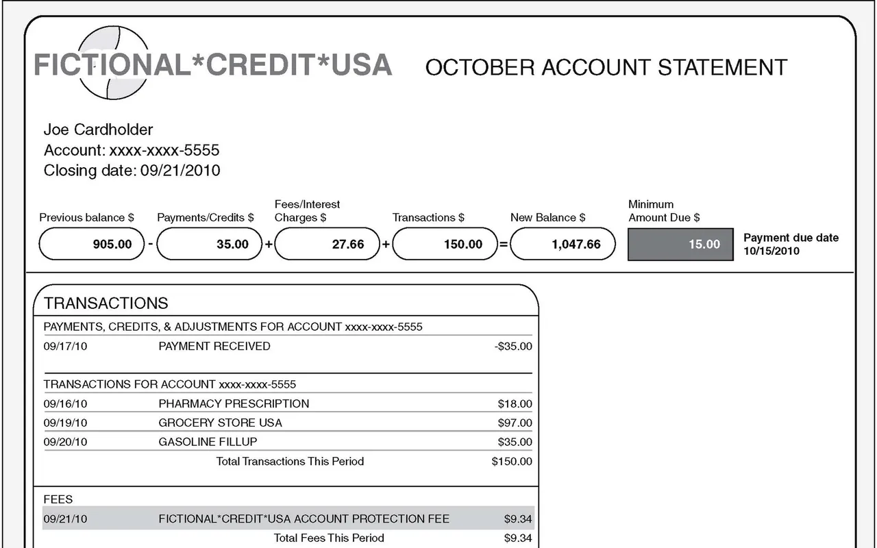 A monthly account statement with a closing date, payments, and a short list of transactions.