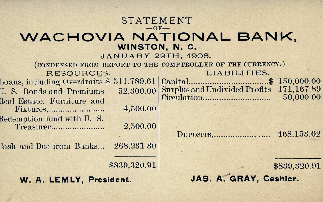 A printed bank statement of resources and liabilities, with deposits on the right.