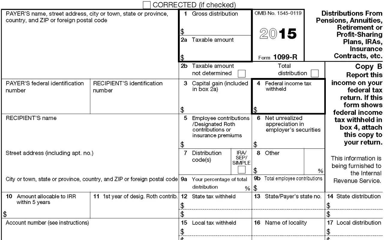 A blank Form 1099-R for distributions from pensions and retirement plans.