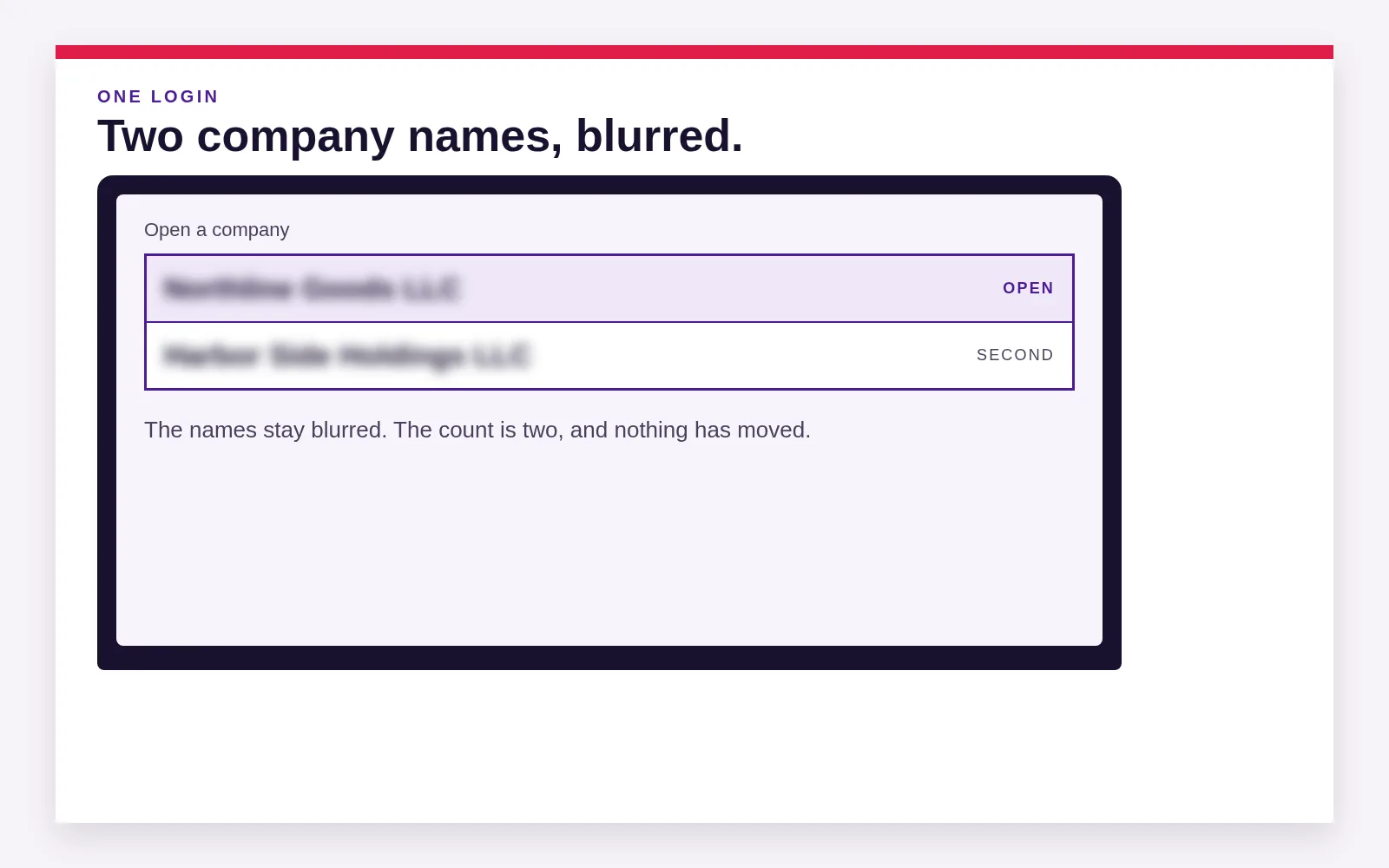 A company dropdown shows two names blurred together, the login an owner opens when one file may be two companies.