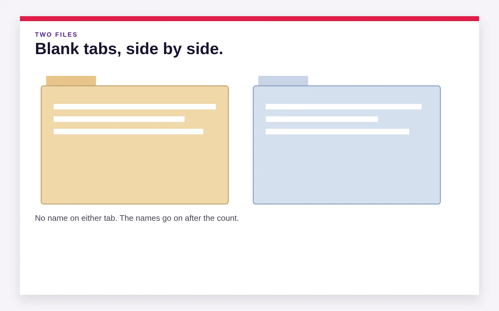 Two folders sit side by side with blank tabs, ready once each company has a name.