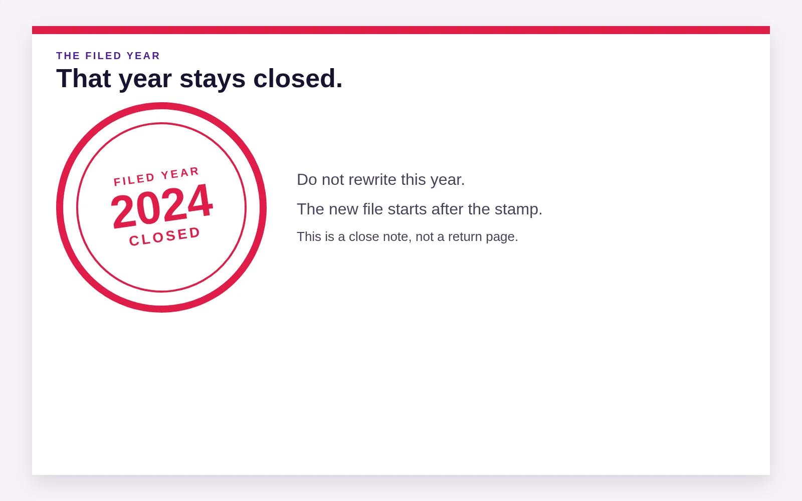 A filed year carries a closed date stamp, so that year stays put when a new file starts.