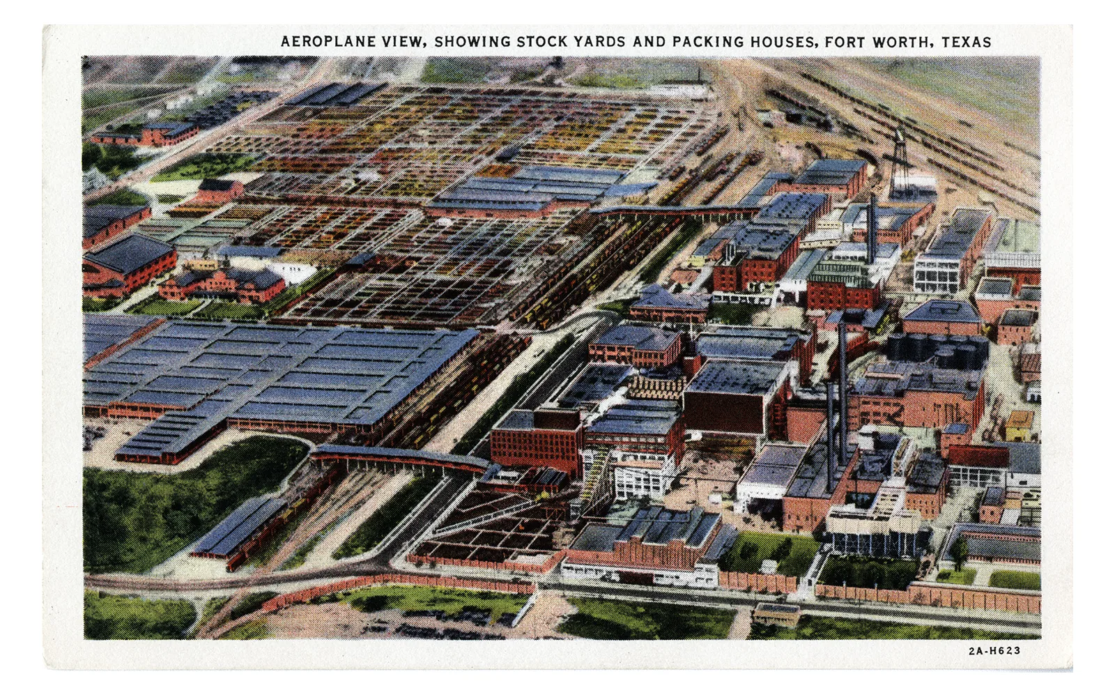 Aeroplane view of the Fort Worth Stockyards and packing houses, the caption naming Fort Worth, Texas