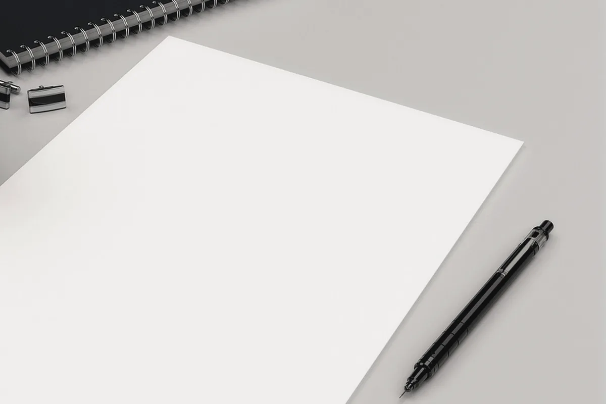 A blank sheet, a closed notebook, and a pen, with no writing.