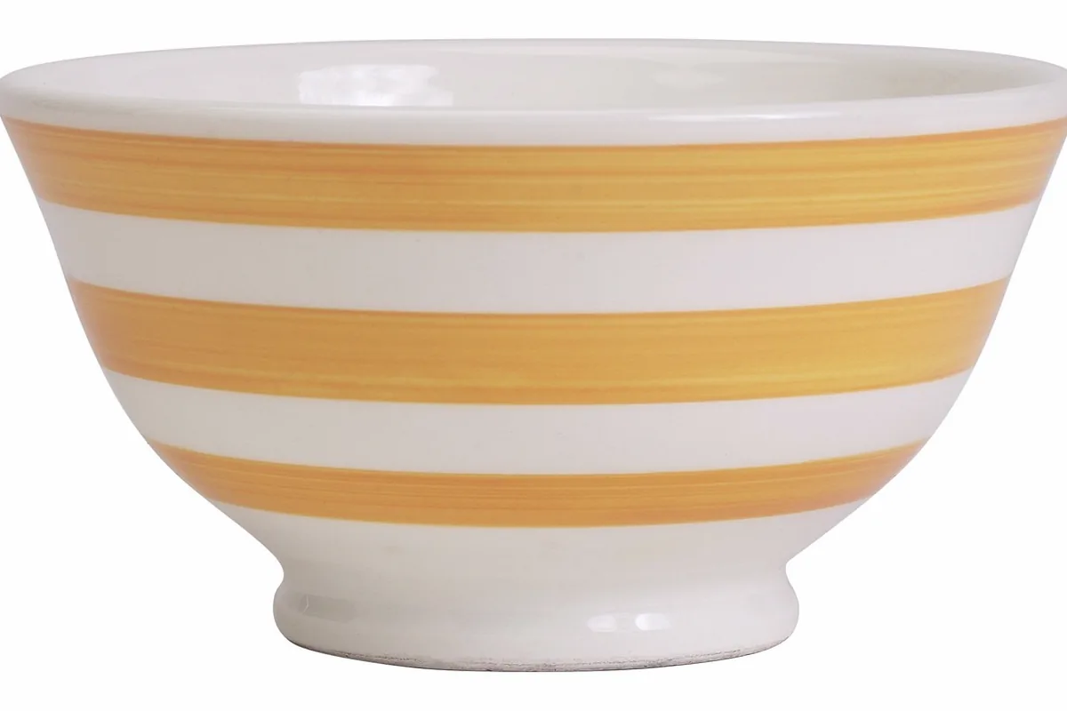 An empty bowl with yellow stripes, and no logo.