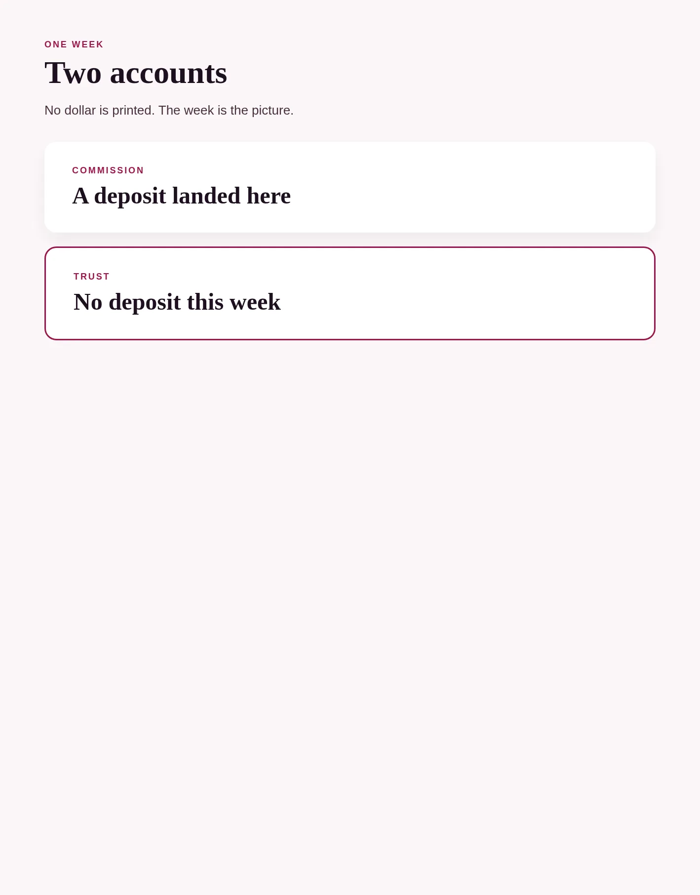 Two account lines, commission with a deposit and trust with none, here because the week has to show both.