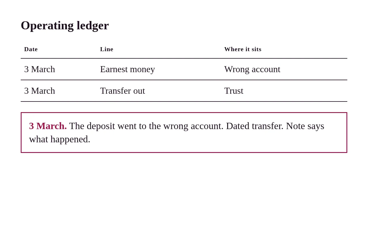 A ledger line dated 3 March, with a note that the earnest money moved to trust