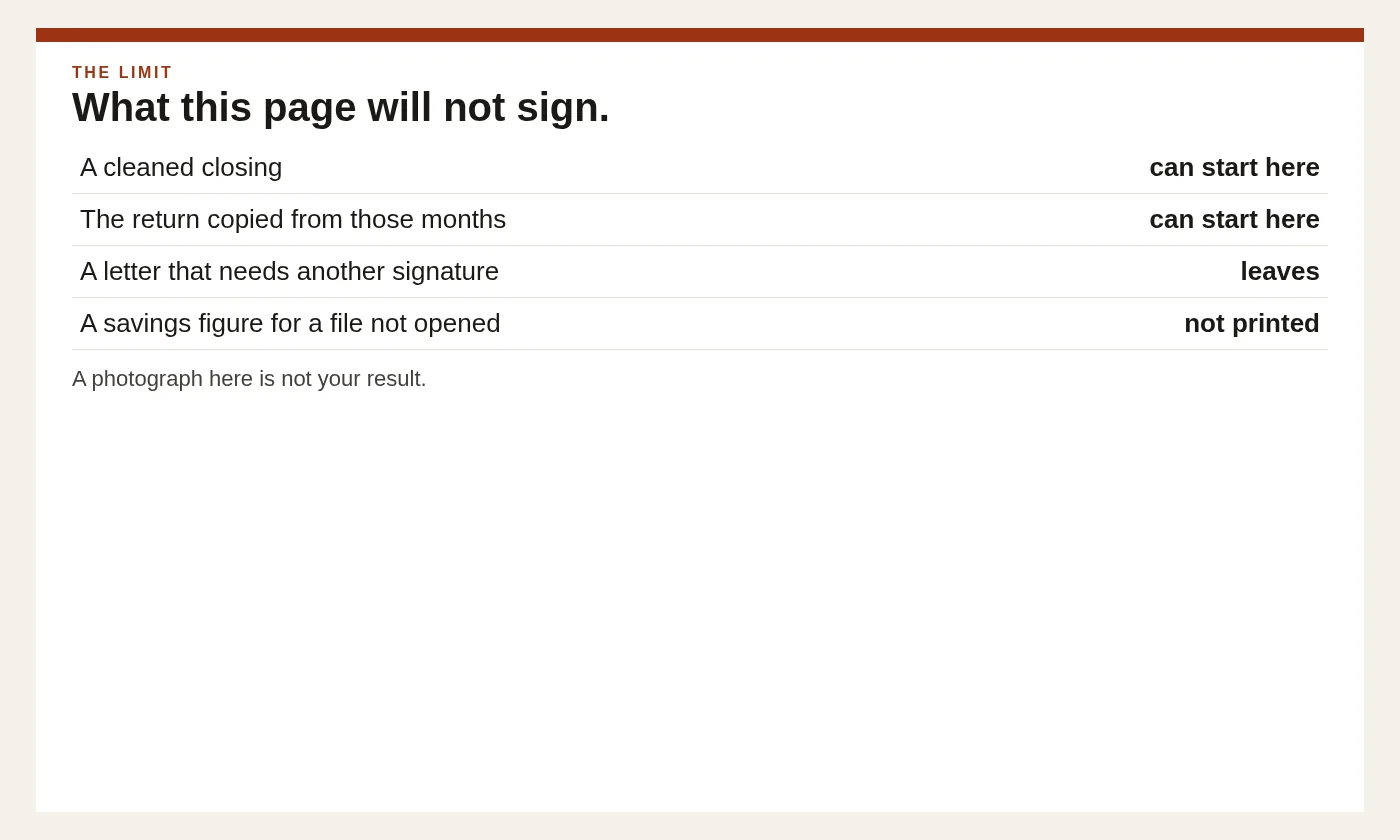 A limit note says a cleaned file can start here and a letter that needs another signature leaves.