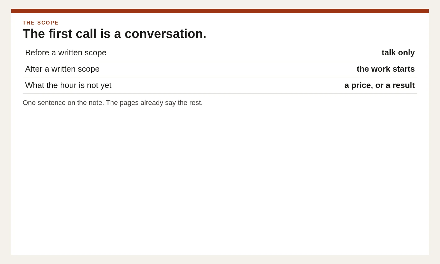A one-line note says the first call is a conversation and the work starts after a written scope.