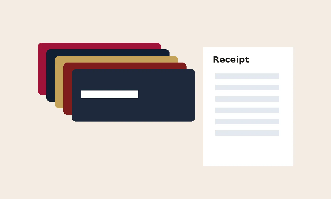 A stack of plain gift cards beside a receipt, with no brand and no account number.