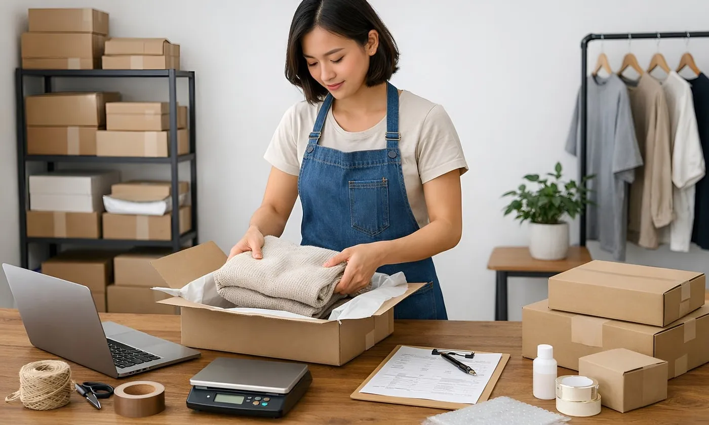 A shop owner packing an order beside a clipboard and a scale.