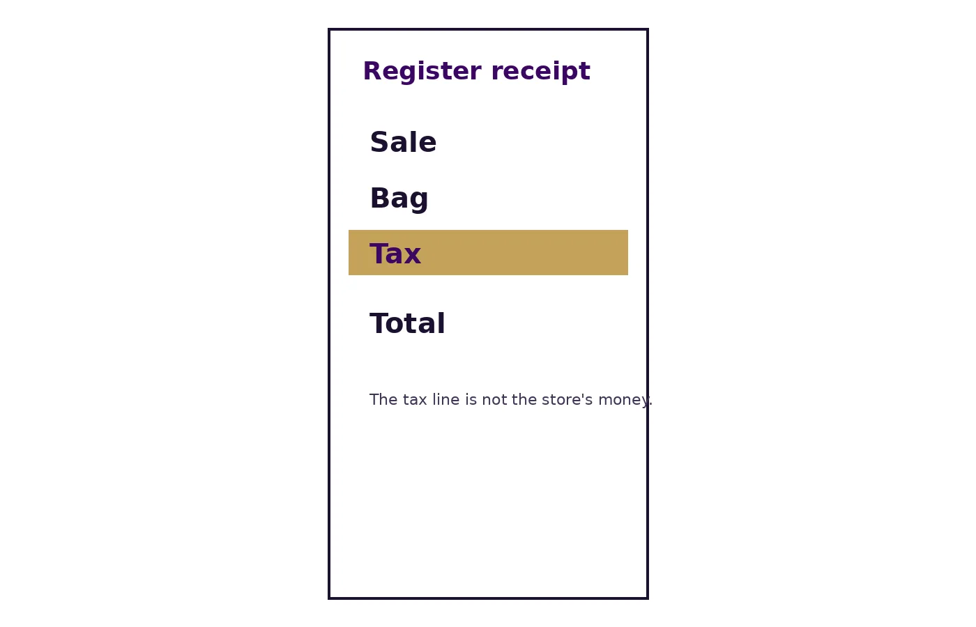 A drawn register receipt with the tax line marked in gold.