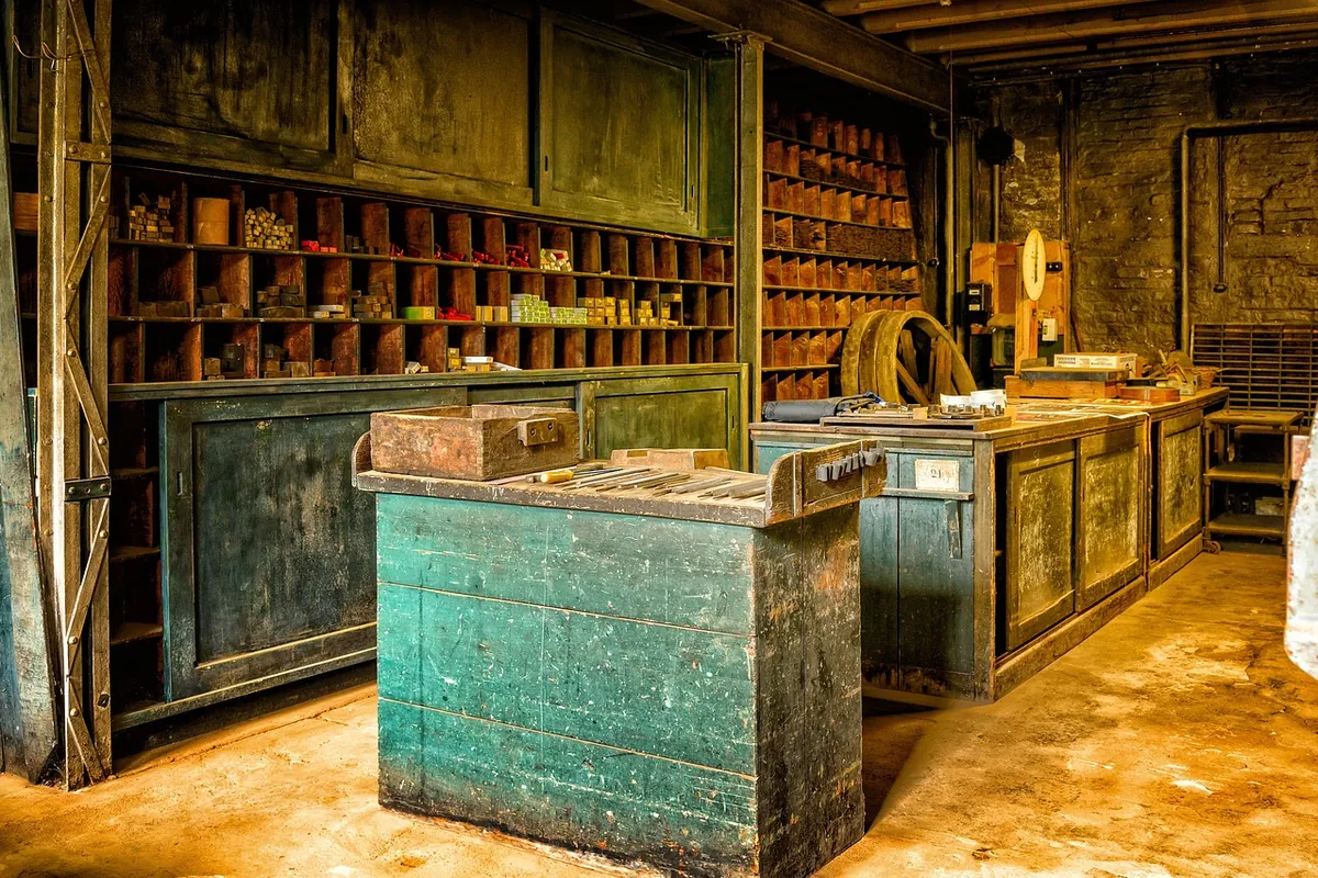 Shelves of goods in a small shop