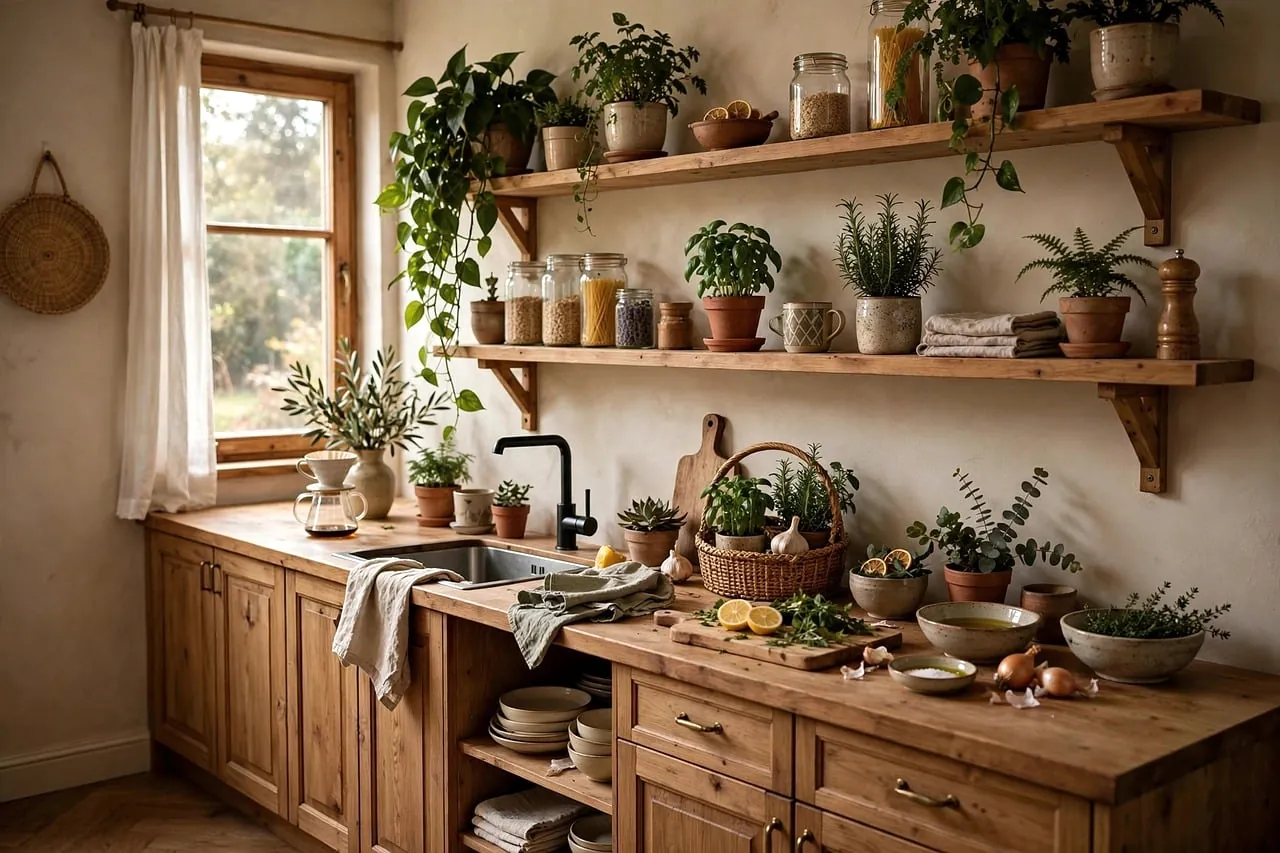 Herb plants and lemons on a kitchen shelf by a window