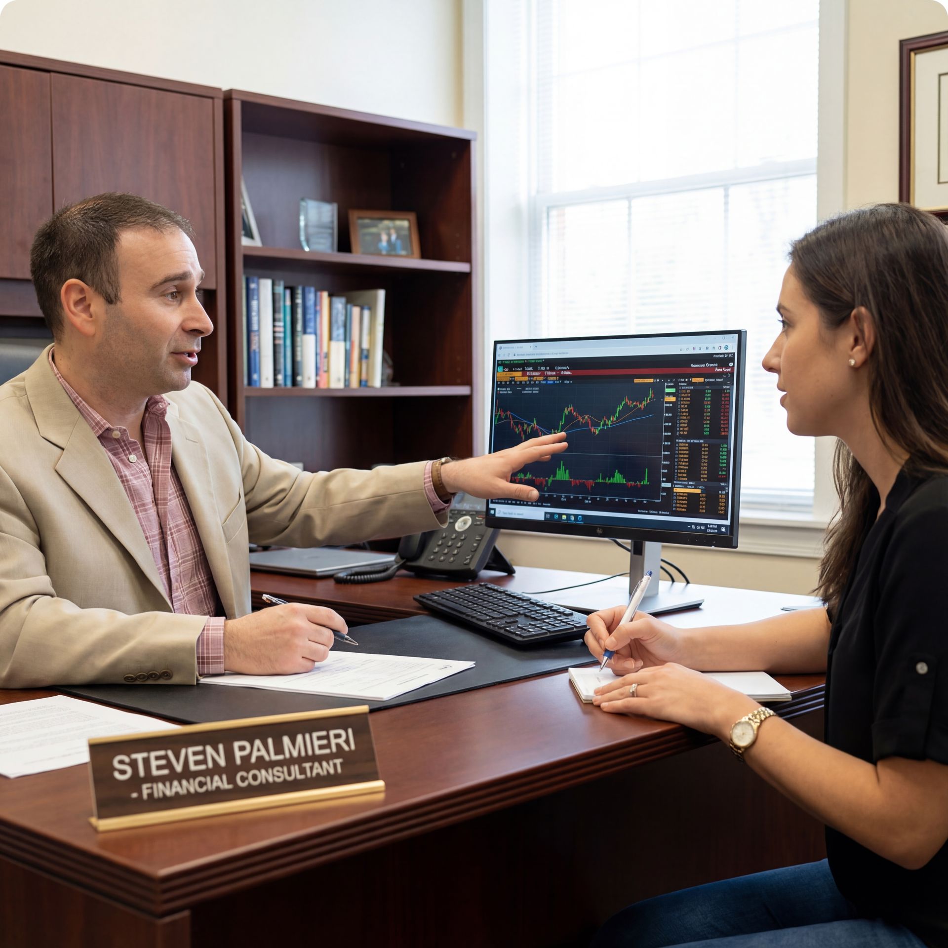 Steven Palmieri advising a client on financial strategy