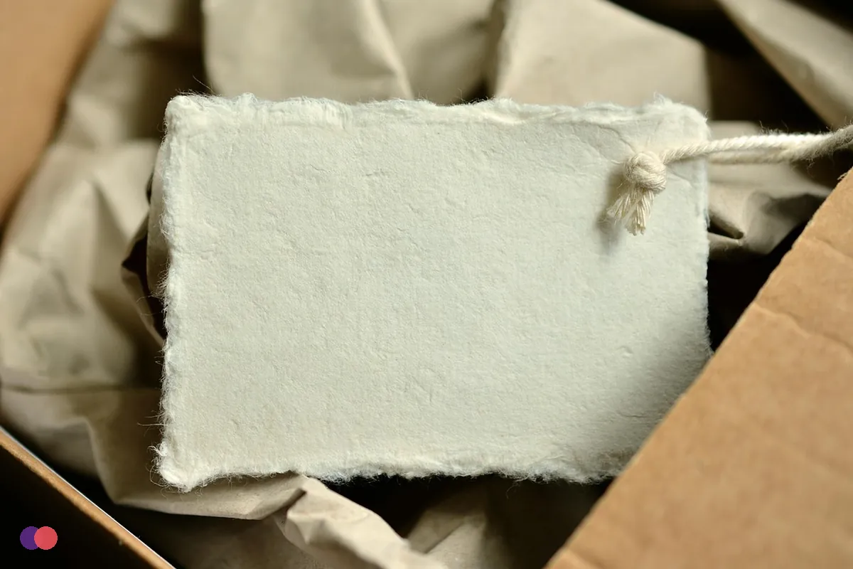 A blank paper tag resting in an open cardboard box