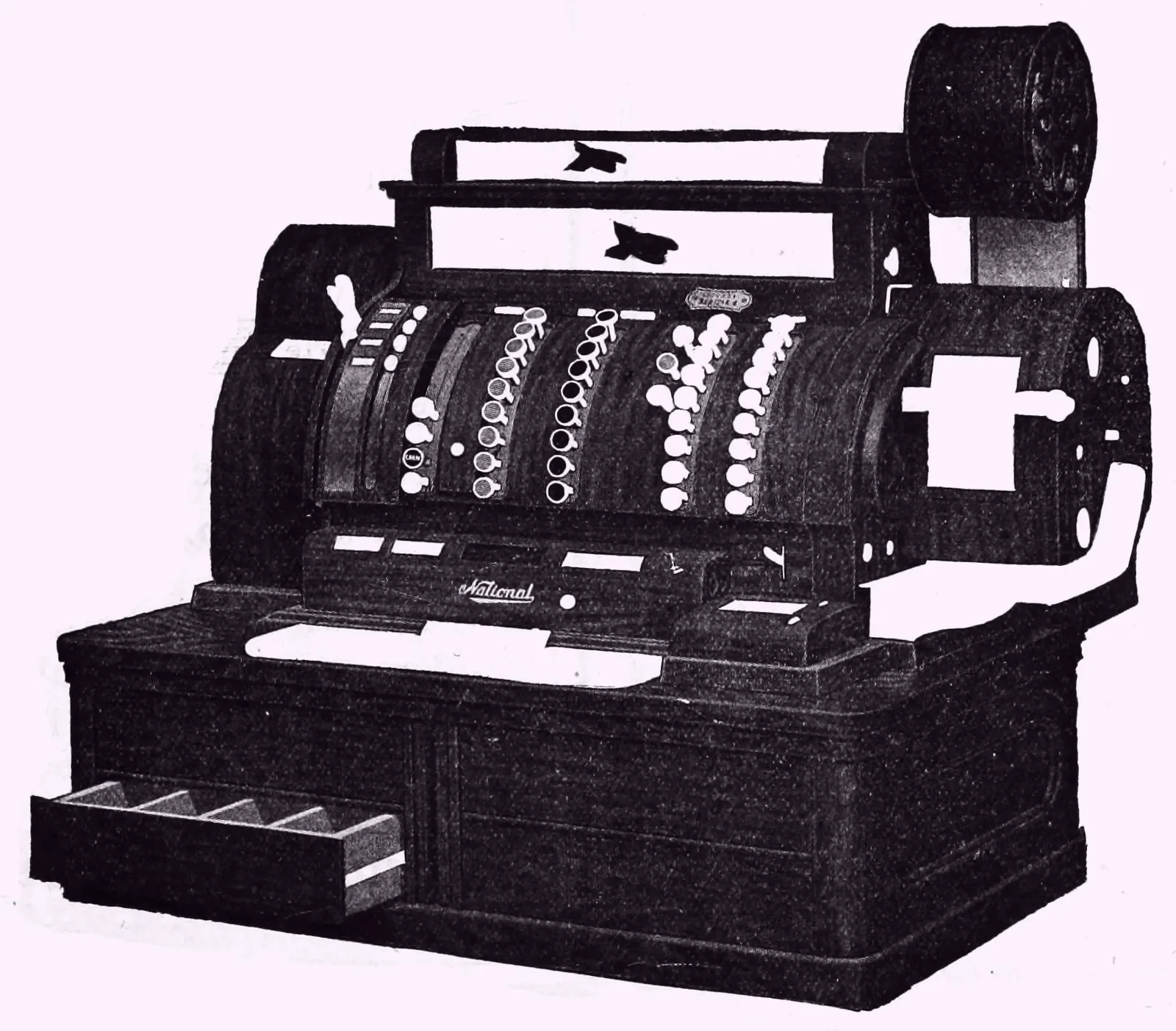A 1918 cash register with a paper tape and an open cash drawer, shown as a machine and not a signature.